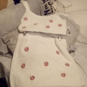NWOT Two piece knit white crop top and mini skirt set